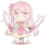  chibi dagger dual_wielding flower_knight_girl holding holding_dagger holding_weapon long_hair lowres pink_hair pose sangobana_(flower_knight_girl) smug solo stroma weapon 