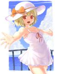  :d alternate_costume alternate_headwear blonde_hair blue_sky cloud cowboy_shot day dress fangs hat hat_ribbon highres looking_at_viewer ocean omaesan_(camp-192) open_mouth outstretched_arms railing red_eyes ribbon rumia short_dress short_hair sky sleeveless smile solo spread_arms sun_hat sundress touhou white_dress 