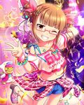  artist_request bracelet brown_eyes brown_hair clothes_around_waist confetti double_bun glasses grin idolmaster idolmaster_cinderella_girls ikebukuro_akiha jewelry midriff necklace off-shoulder_shirt official_art one_eye_closed pendant pink-framed_eyewear semi-rimless_eyewear shirt smile sweater_around_waist 