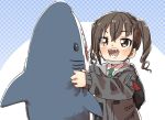  1girl :o backpack bag face_mask highres idolmaster mask mole mole_under_eye necktie open_mouth school_uniform shark sharp_teeth shirt solo stuffed_animal stuffed_shark stuffed_toy sunazuka_akira teeth twintails yukie_(kusaka_shi) 