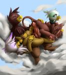  2016 absurd_res avian beak brown_feathers cloud cloudscape erection eto_ya eyes_closed fan_character feathered_wings feathers female friendship_is_magic gilda_(mlp) greta_(mlp) group group_sex gryphon hi_res lying male male/female my_little_pony on_back on_cloud open_mouth outside paws penis pussy sex sky wings 