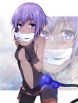  arm_warmers bangs bare_shoulders belt_pouch blue_flower blush breasts center_opening covered_mouth cowboy_shot dark_skin eyebrows eyebrows_visible_through_hair fate/grand_order fate/prototype fate/prototype:_fragments_of_blue_and_silver fate_(series) flower hair_between_eyes hassan_of_serenity_(fate) holding holding_mask leotard looking_at_viewer mask mask_removed navel pouch purple_eyes purple_hair short_hair sidelocks skull_mask sleeveless small_breasts solo stomach thigh_strap tsuedzu zoom_layer 