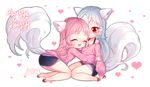  animal_ear_fluff animal_ears ass blade_&amp;_soul blann chibi closed_eyes denim denim_shorts hand_on_another's_head hug kneeling leaning_forward long_hair lyn_(blade_&amp;_soul) multiple_girls open_mouth pink_hair red_eyes sandals short_shorts shorts silver_hair sitting smile sweater tail wolf_ears 