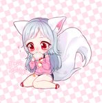  animal_ear_fluff animal_ears blade_&amp;_soul blann chibi denim denim_shorts eating food long_hair lyn_(blade_&amp;_soul) red_eyes sandals short_shorts shorts silver_hair smile solo sweater tail wolf_ears 