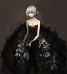  absurdres bare_shoulders black_background black_dress breasts cleavage collarbone dress head_tilt highres layered_dress looking_at_viewer nyanpe original short_hair silver_eyes silver_hair simple_background sitting small_breasts solo strapless strapless_dress white_hair 