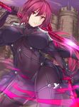  bodysuit breasts covered_navel dual_wielding fate/grand_order fate_(series) gae_bolg highres holding holding_weapon large_breasts long_hair looking_at_viewer parted_lips pauldrons polearm purple_bodysuit purple_hair red_eyes scathach_(fate)_(all) scathach_(fate/grand_order) shimeno_puni solo spear weapon 