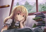  backlighting bad_id bad_pixiv_id black_vest blonde_hair blurry book book_stack cloud cloudy_sky day depth_of_field desk expressionless forest hand_on_own_cheek indoors kirisame_marisa long_hair mini-hakkero nature ookashippo open_book rain shirt short_sleeves sky solo touhou tree turtleneck vest white_shirt window windowsill yellow_eyes 