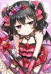  bangs black_hair blush bow bracelet demon_horns demon_tail demon_wings dress earrings elbow_gloves fang fang_out fishnet_legwear fishnets floral_print flower flower_earrings frills garter_straps gloves gmanee hair_bow hair_flower hair_ornament half-closed_eyes highres horns jewelry light_smile looking_at_viewer love_live! love_live!_school_idol_festival love_live!_school_idol_project pink_flower pink_rose polearm polka_dot polka_dot_bow red_eyes red_flower red_rose rose sitting solo tail thighhighs tiara trident twintails wariza wavy_hair weapon wings yazawa_nico 