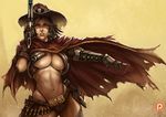  belt_buckle breasts brown_eyes brown_hair buckle cape commentary cowboy_hat cyborg genderswap genderswap_(mtf) gun handgun hat highleg highleg_panties holster kachima large_breasts mccree_(overwatch) mechanical_arm midriff navel overwatch panties pistol profanity revolver solo thighhighs underboob underwear weapon 