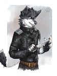  anthro canine clothed clothing diesel_wiesel fangs knife looking_at_viewer male mammal simple_background smile solo standing teeth 