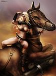  armor big_breasts blonde_hair breasts bridle chain clothed clothing equine female feral hair hooves horse human legwear long_hair mammal nipples pose restrained size_difference skimpy spread_legs spreading thigh_highs whitebeads 