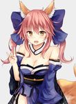  :d animal_ears bare_shoulders blue_bow blush bow breasts cleavage commentary_request detached_sleeves eyebrows eyebrows_visible_through_hair fate/extra fate_(series) fox_ears fox_girl fox_shadow_puppet fox_tail grey_background hair_bow long_hair looking_at_viewer medium_breasts open_mouth pink_hair sangatsu_saki simple_background smile solo tail tamamo_(fate)_(all) tamamo_no_mae_(fate) twintails yellow_eyes 