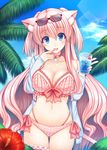  animal_ears bikini blue_eyes blush breasts cat_ears cleavage cloud cup day drinking_glass drinking_straw ear_piercing fangs flower glass hibiscus kamanatsu large_breasts leg_garter long_hair looking_at_viewer open_clothes open_mouth original palm_tree piercing pink_bikini pink_hair polka_dot polka_dot_bikini sky smile solo sunglasses swimsuit tree 