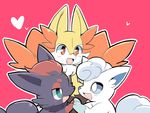  &lt;3 alolan_vulpix ambiguous_gender anthro blue_eyes blush braixen canine feral fluffy funi fur grey_fur group mammal nintendo open_mouth orange_eyes pink_background pok&eacute;mon red_fur simple_background smile teal_eyes video_games white_fur yellow_fur zorua 