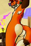  2016 anthro anthro_fox armpit_hair armpits bong butt canine digital_media_(artwork) drugs ear_piercing fox grin looking_at_viewer male mammal marijuana nipples nude piercing reyrey_(character) selfie simple_background smile smirk smoke smoking solo teeth 