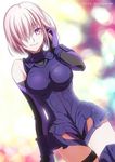  2016 adjusting_hair armor armored_dress bangs bare_shoulders blurry blush bokeh breasts breasts_apart closed_mouth cowboy_shot dated depth_of_field dutch_angle elbow_gloves eyebrows eyebrows_visible_through_hair fate/grand_order fate_(series) gloves hair_over_one_eye halterneck hand_up impossible_clothes lavender_hair legs_together leotard light_smile looking_at_viewer mash_kyrielight md5_mismatch medium_breasts nina_(pastime) pale_skin purple_eyes short_hair smile solo standing thigh_strap turtleneck twitter_username vambraces 