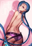  ass back belt blue_hair braid character_name choker closed_mouth cowboy_shot dimples_of_venus from_behind gun holster jinx_(league_of_legends) league_of_legends long_hair looking_at_viewer looking_back oopartz_yang pink_background pink_eyes pink_lips pink_shorts shadow short_shorts shorts simple_background solo topless twin_braids very_long_hair weapon 