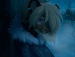  2015 anthro blonde_hair clothed clothing detailed_background digital_media_(artwork) ear_piercing evening falla fangs feline female feral hair hioshiru mammal outside piercing purple_eyes saber-toothed_cat sabertooth_(feature) snow solo teeth 
