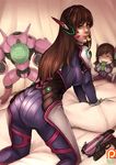  all_fours ass bodysuit breasts brown_hair character_doll chips d.va_(gremlin) d.va_(overwatch) doritos food gloves gun handgun headphones kachima lips long_hair looking_back medium_breasts meka_(overwatch) mountain_dew nose overwatch pillow pilot_suit pistol potato_chips solo weapon whisker_markings white_gloves 