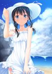  bare_shoulders beach black_hair blue_eyes day dress hat highres long_hair low_twintails original outdoors parted_lips sleeveless smile solo sun_hat sundress twintails white_dress yuuri_nayuta 