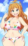  :d bad_id bad_pixiv_id bare_shoulders bikini breasts brown_hair cleavage cloud curvy day green_eyes hino_akane_(idolmaster) idolmaster idolmaster_cinderella_girls large_breasts long_hair looking_at_viewer navel open_mouth print_bikini sky smile smirk solo swimsuit thigh_gap thighs ushi v-shaped_eyebrows wide_hips 