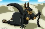  2016 anubian_jackal big_breasts breasts butt canine desert egyptian female huge_breasts invalid_tag jackal mammal melee_weapon pose red_eyes sand smile spocky87 sword weapon 