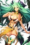  armlet bare_shoulders blue_eyes breasts chain cleavage eyepatch green_hair highres jewelry large_breasts long_hair looking_at_viewer navel neck_ring non-web_source o-ring parted_lips saramir_(soccer_spirits) shards snowball22 soccer_spirits solo standing thighhighs transparent_background very_long_hair white_legwear 