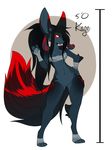  2013 aimi akinna anthro bandage big_ears black_hair blue_fur bottomless breasts canine clothed clothing english_text female fur hair hand_on_hip kage_(snugglefox) looking_at_viewer mammal red_fur simple_background solo standing text wide_hips yellow_eyes 