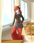  2016 anthro breasts canine choker classroom clothed clothing curtains dipstick_tail eipril female fox fur hair hand_on_hip inside mammal multicolored_tail necktie ponytail purple_eyes red_fur red_hair school school_uniform skirt solo standing uniform white_fur window 
