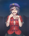  beret black_hair blue_eyes breasts cleavage covered_nipples fangs finger_in_mouth hat highres jiangshi large_breasts ldl_(bcw1025) looking_at_viewer miyako_yoshika mouth_pull navel ofuda open_mouth scar solo star stitches teeth touhou 