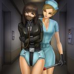  2girls amber_eyes black_gloves blonde_hair bondage bound_arms brown_eyes brown_hair captive collar collarbone crying diaper gag gagged gloves hallway leash leather_jacket muzzle number nurse scared smile straitjacket tears 