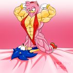  2016 abs amy_rose bed biceps big_breasts bikini blush breasts clothed clothing duo female flexing gloves hyper hyper_muscles jack-hoo_(artist) male muscular muscular_female navel romantic_couple skimpy sling_bikini smile snu_snu sonic_(series) sonic_the_hedgehog swimsuit 
