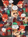  2016 alcohol anthro beer beverage brown_eyes brown_fur canine clothed clothing comic crop_top dialogue digitigrade disney drinking drinking_straw english_text eyes_closed fennec finnick food fox fur green_eyes half-closed_eyes hi_res hitting hoodie lemon long_ears male mammal midriff multicolored_fur nick_wilde orange_fur pants pawpads red_fur seth-iova shirt shorts speech_bubble tan_fur teeth text topless two_tone_fur zootopia 