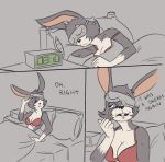  alarm_clock anthro bed blue_eyes breasts buckteeth cleavage clock clothed clothing comic dialogue english_text female lagomorph lonely mammal rabbit rimba_racer sleep_mask sleeping solo stupidgnoll teeth text torres_(rimba_racer) waking_up 