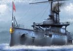  cannon cloud cloudy_sky flag imperial_japanese_navy ishii_hisao kikumon mikasa_(battleship) military military_vehicle no_humans original ship sky smoke warship watercraft 