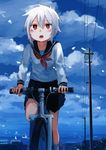  bicycle black_skirt blue_sky character_request chestnut_mouth cloud cloudy_sky day grey_hair ground_vehicle hair_between_eyes highres inami_hatoko open_mouth original outdoors pleated_skirt power_lines red_eyes riding short_hair skirt sky socks solo telephone_pole white_legwear 