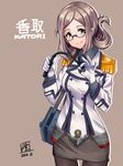  2016 bad_id bad_nicoseiga_id bangs breasts brown_background brown_hair brown_legwear character_name collared_shirt dated double-breasted epaulettes folded_ponytail glasses gloves green_eyes jacket kantai_collection katori_(kantai_collection) light_brown_hair long_hair long_sleeves looking_at_viewer medium_breasts military military_uniform miniskirt mistrail necktie pantyhose parted_bangs pencil_skirt pointer riding_crop semi-rimless_eyewear shirt simple_background skirt smile solo under-rim_eyewear uniform white_gloves 