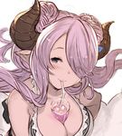  between_breasts blue_eyes breasts cleavage draph drinking_straw granblue_fantasy hair_over_one_eye hanarito horns large_breasts lowres narmaya_(granblue_fantasy) out_of_frame pink_hair pointy_ears solo_focus 