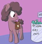  2016 arizona_iced_tea bread bread-pone cutie_mark earth_pony english_text equine fan_character feral food fur hair horse mammal my_little_pony pink_background pony price purple_eyes purple_fur purple_hair saddle_bag sale sign simple_background text vaporwave wenni 