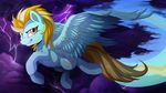  blonde_hair cutie_mark detailed_background equine feathered_wings feathers female feral flying friendship_is_magic fur hair hioshiru hooves lightning lightning_dust_(mlp) looking_at_viewer mammal multicolored_hair my_little_pony orange_eyes pegasus smile solo storm_clouds thunder turquoise_feathers turquoise_fur two_tone_hair wings 