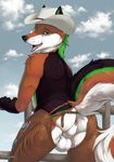  2016 anthro anus balls butt canine chaps clothed clothing cowboy_hat fence fox green_eyes hat looking_at_viewer male mammal solo topless truegrave9 