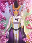  2016 anthro blue_eyes blush breasts cherry_blossom claws clothed clothing digimon doomthewolf female garden half-closed_eyes hi_res looking_at_viewer plant robes solo taomon thick_thighs 