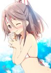 ;d bare_shoulders beer_can bikini blue_sky blush brown_eyes can cloud commentary_request dated day hachimaki headband high_ponytail kantai_collection light_brown_hair long_hair looking_at_viewer md5_mismatch one_eye_closed open_mouth outdoors ponytail ragho_no_erika signature sky smile solo swimsuit white_bikini zuihou_(kantai_collection) 