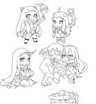  airfield_hime battleship_hime bonnet boots breasts chibi commentary_request cosmic_bear detached_sleeves dress fang greyscale horns isolated_island_oni kantai_collection large_breasts leotard lineart long_hair monochrome multiple_girls no_eyebrows northern_ocean_hime seaport_hime shinkaisei-kan smile 