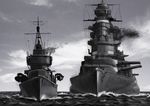  cannon cloud cloudy_sky commentary_request destroyer greyscale imperial_japanese_navy ishii_hisao military military_vehicle monochrome mutsu_(battleship) no_humans ocean original sagiri_(destroyer) ship sky smoke warship watercraft 