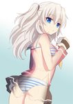  1girl ass blue_eyes bra brown_skirt camera charlotte_(anime) fuyuichi gradient gradient_background long_hair looking_at_viewer panties school_uniform skirt solo striped_panties tomori_nao two_side_up white_hair x-ray 