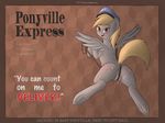  007delta 2016 anus bag blonde_hair butt cutie_mark derpy_hooves_(mlp) english_text equine feathered_wings feathers female feral friendship_is_magic fur grey_feathers grey_fur hair hat looking_at_viewer looking_back mammal my_little_pony orange_eyes pegasus postage_stamp pussy pussy_juice smile solo spread_wings text wings 