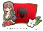  1girl albania albanian_flag brown_eyes brown_hair copyright_request flag flower long_hair looking_at_viewer murakami_senami necklace text translation_request upper_body 