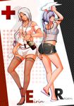  alcohol alternate_costume alternate_hairstyle animal_ears ass bare_shoulders blue_eyes blue_legwear bottle braid bunny_ears bunny_girl casual character_name contemporary cup denim denim_shorts drinking_glass fishnet_legwear fishnets from_behind full_body hairband hand_on_own_thigh high_heels long_hair looking_at_viewer miniskirt multiple_girls off-shoulder_shirt pencil_skirt ponytail red_legwear reisen_udongein_inaba sandals see-through shirt shorts side_slit single_braid skirt smile thighhighs thighs torn_clothes torn_shorts touhou twin_braids very_long_hair wakashinoda_kei wine wine_bottle wine_glass yagokoro_eirin 