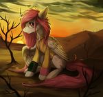  clothed clothing cutie_mark detailed_background equine eyelashes fallout fallout_equestria feathered_wings feathers female feral fur hair hioshiru hooves looking_at_viewer mammal my_little_pony pegasus pink_hair sitting sky solo sun tan_feathers tan_fur video_games wastes wings 